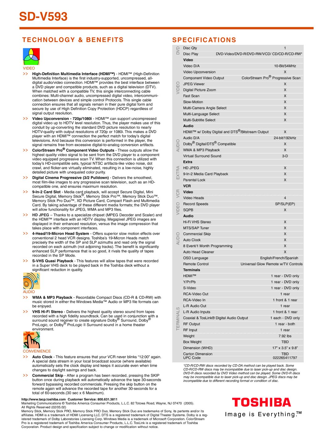 Toshiba SD-V593 manual Technology & Benefits, Specifications 