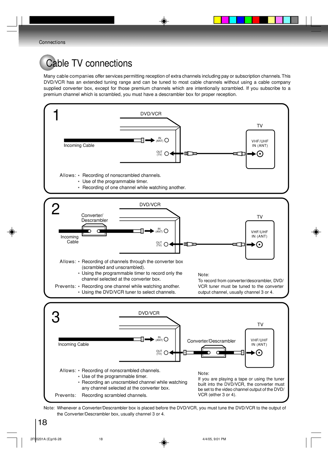 Toshiba SD-V593SU owner manual Cable TV connections, Incoming Cable, Converter/Descrambler 