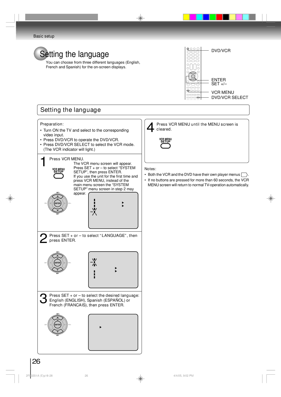 Toshiba SD-V593SU owner manual Setting the language, Dvd/Vcr, Enter, VCR Menu DVD/VCR Select 