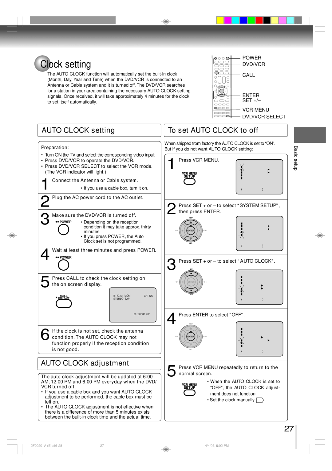 Toshiba SD-V593SU Auto Clock setting, Auto Clock adjustment, To set Auto Clock to off, Power DVD/VCR Call Enter 