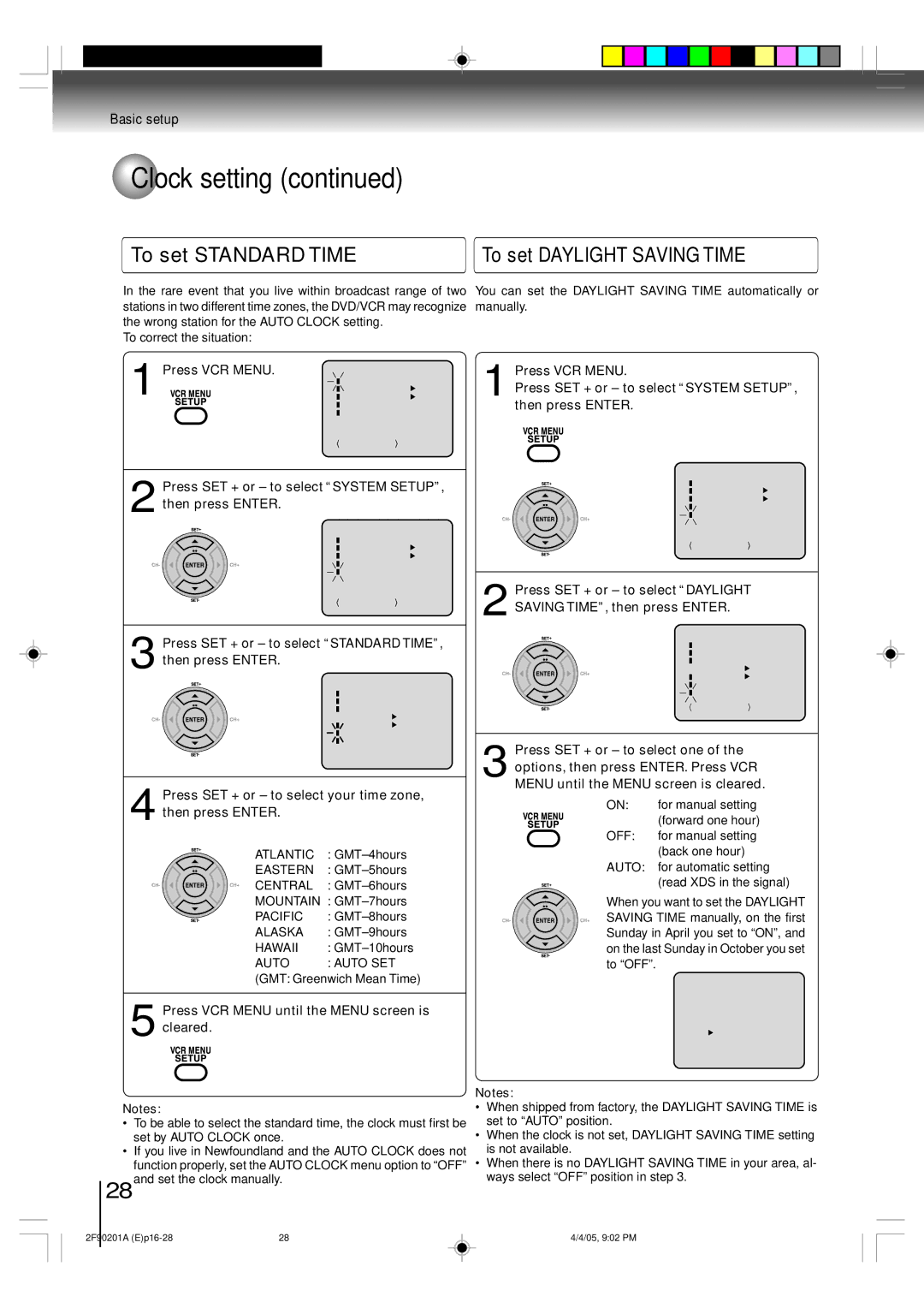 Toshiba SD-V593SU owner manual To set Standard Time, GMT Greenwich Mean Time, 28and set the clock manually 