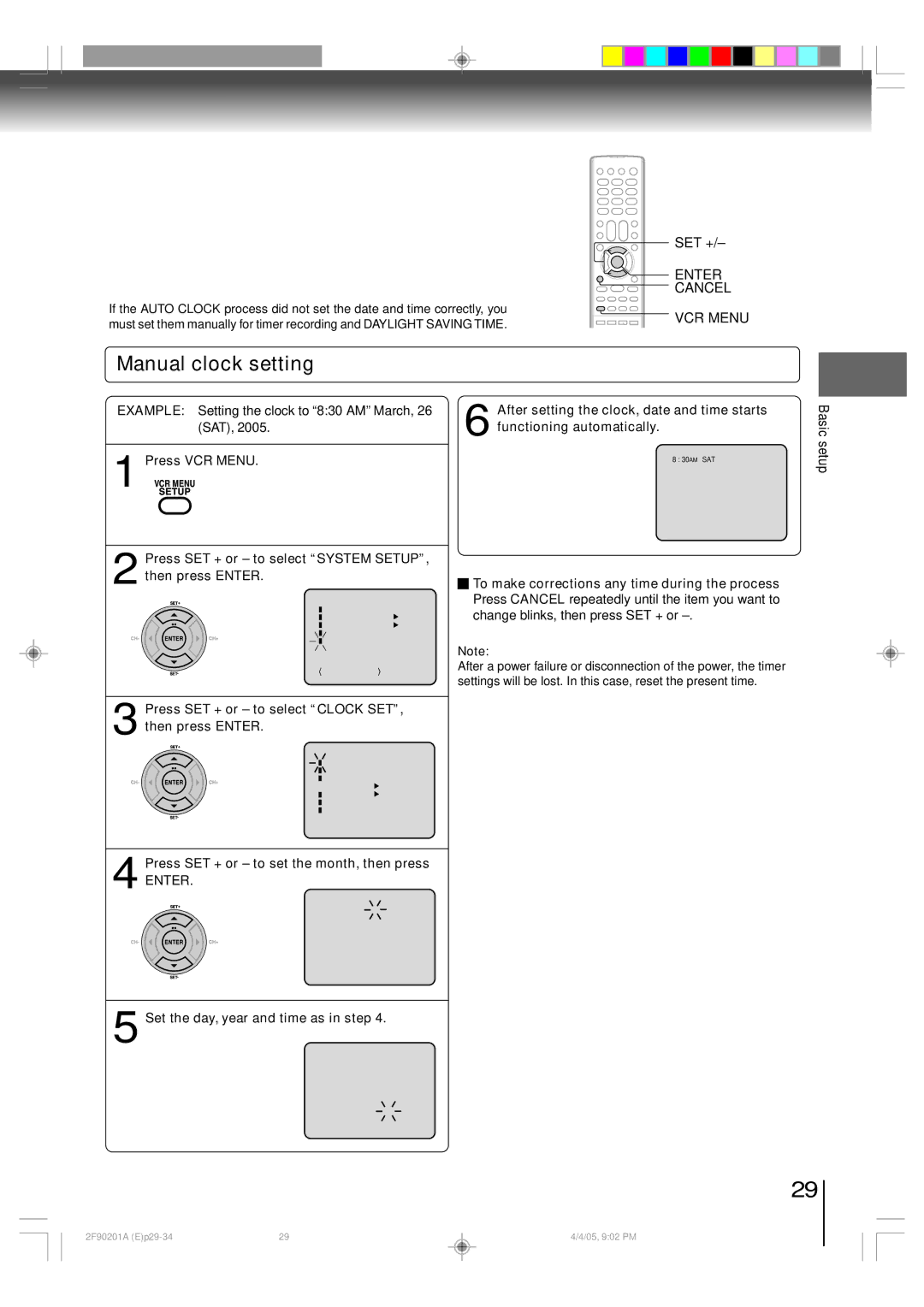 Toshiba SD-V593SU owner manual Manual clock setting, Enter Cancel, VCR Menu, Basic setup 