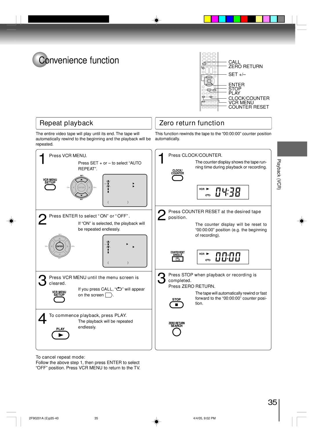 Toshiba SD-V593SU owner manual Convenience function, Repeat playback Zero return function, Call Zero Return 