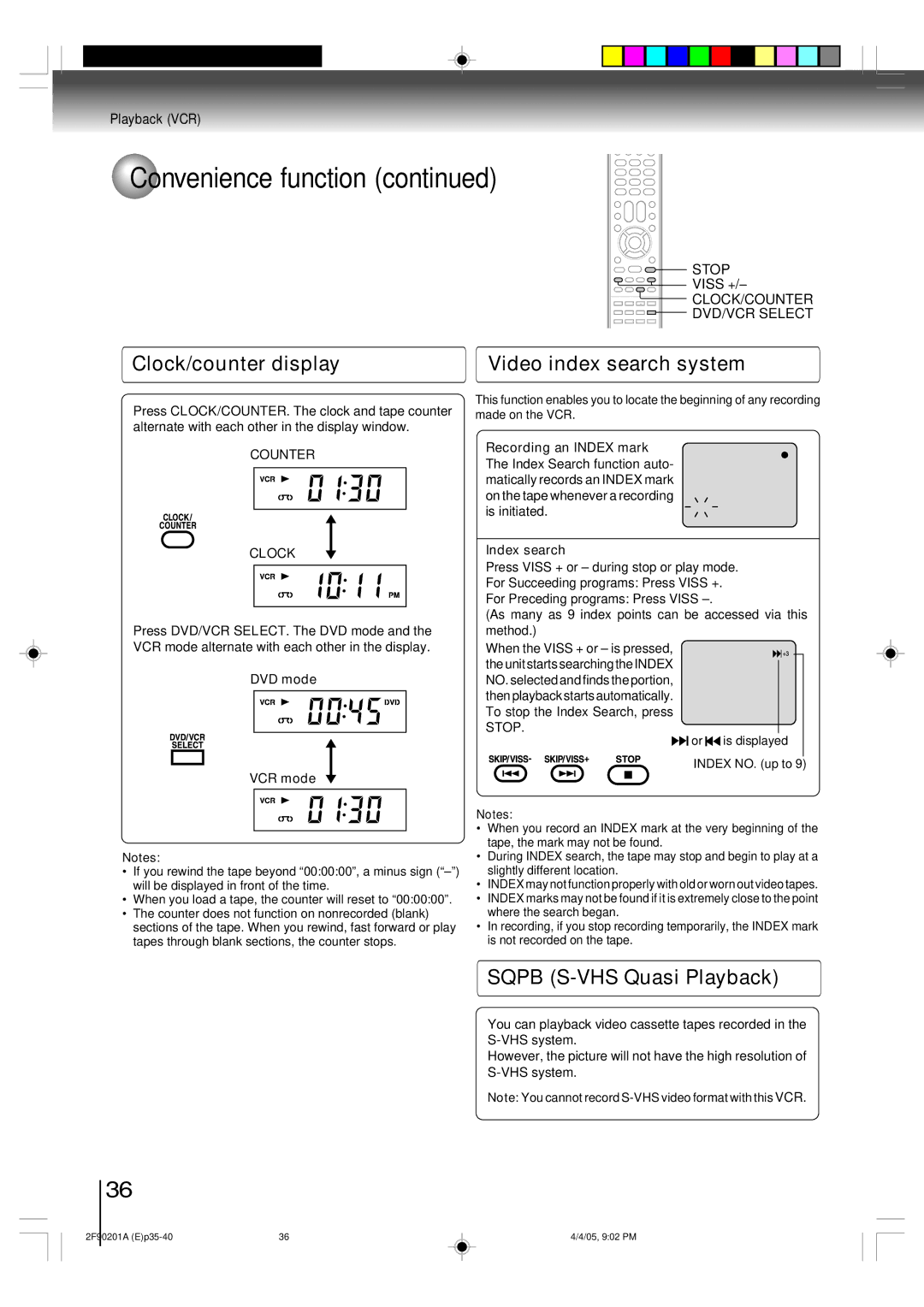 Toshiba SD-V593SU Clock/counter display Video index search system, Sqpb S-VHS Quasi Playback, CLOCK/COUNTER DVD/VCR Select 