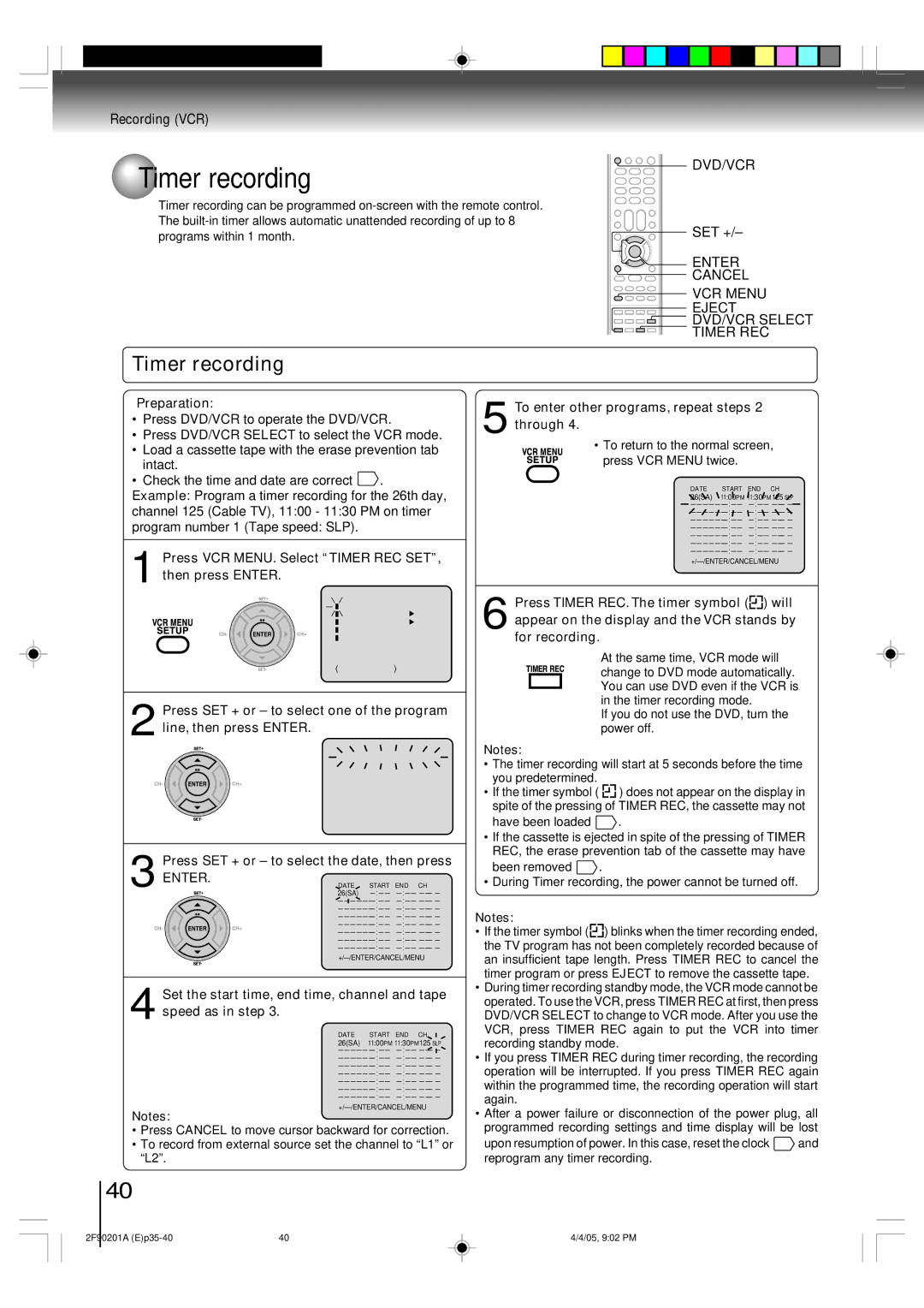 Toshiba SD-V593SU owner manual Timer recording, Enter Cancel VCR Menu Eject DVD/VCR Select Timer REC 