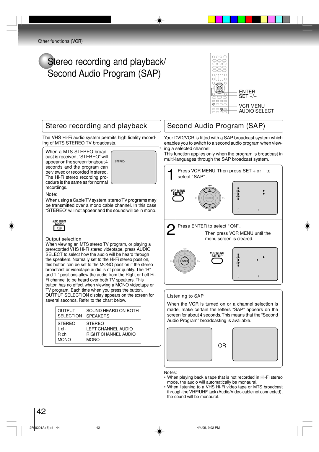 Toshiba SD-V593SU Stereo recording and playback Second Audio Program SAP, Other functions VCR, VCR Menu Audio Select 