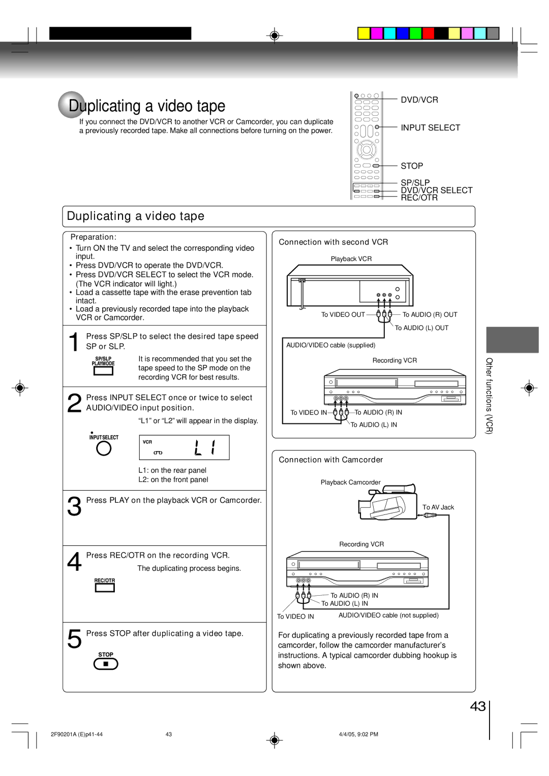 Toshiba SD-V593SU owner manual Duplicating a video tape, DVD/VCR Input Select Stop SP/SLP 