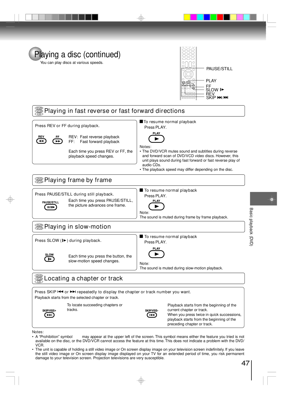 Toshiba SD-V593SU owner manual VCD Playing in fast reverse or fast forward directions, Vcddvd Playing frame by frame 