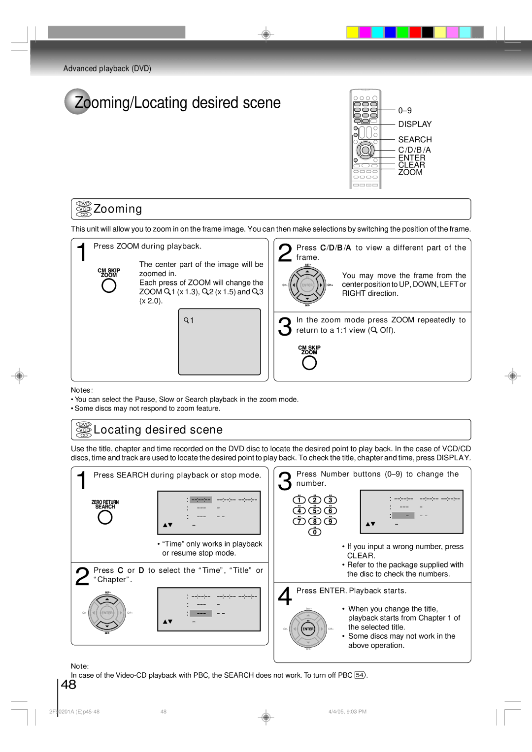 Toshiba SD-V593SU owner manual Zooming/Locating desired scene, VCD Zooming, Advanced playback DVD 