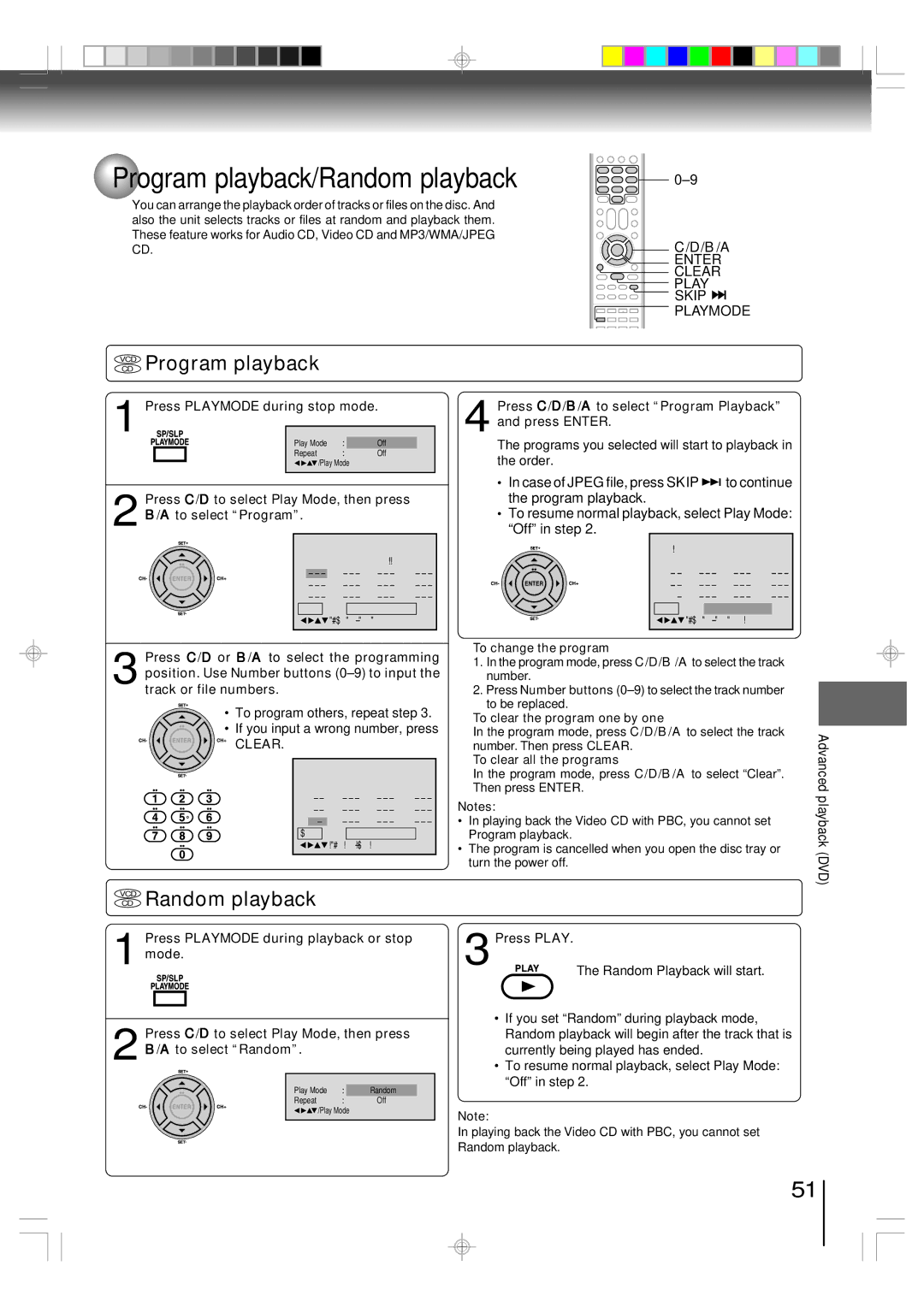 Toshiba SD-V593SU owner manual Program playback/Random playback, Vcdcd Program playback, VCD Random playback, Clear 