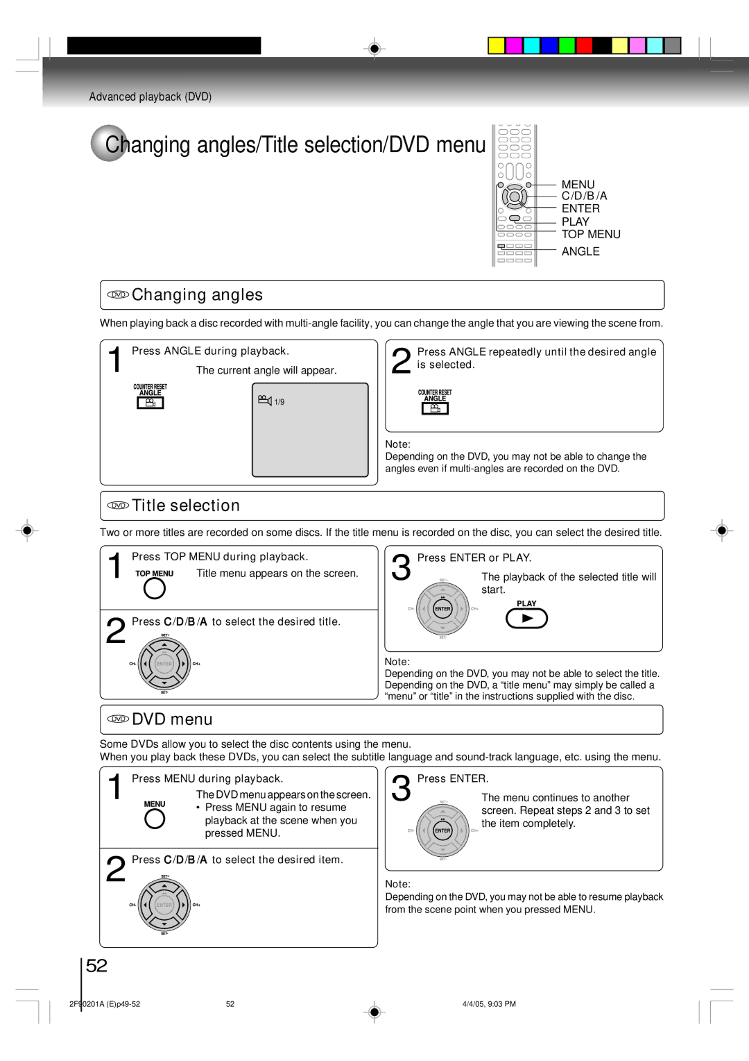 Toshiba SD-V593SU Changing angles/Title selection/DVD menu, DVD Changing angles, DVD Title selection, DVD DVD menu 