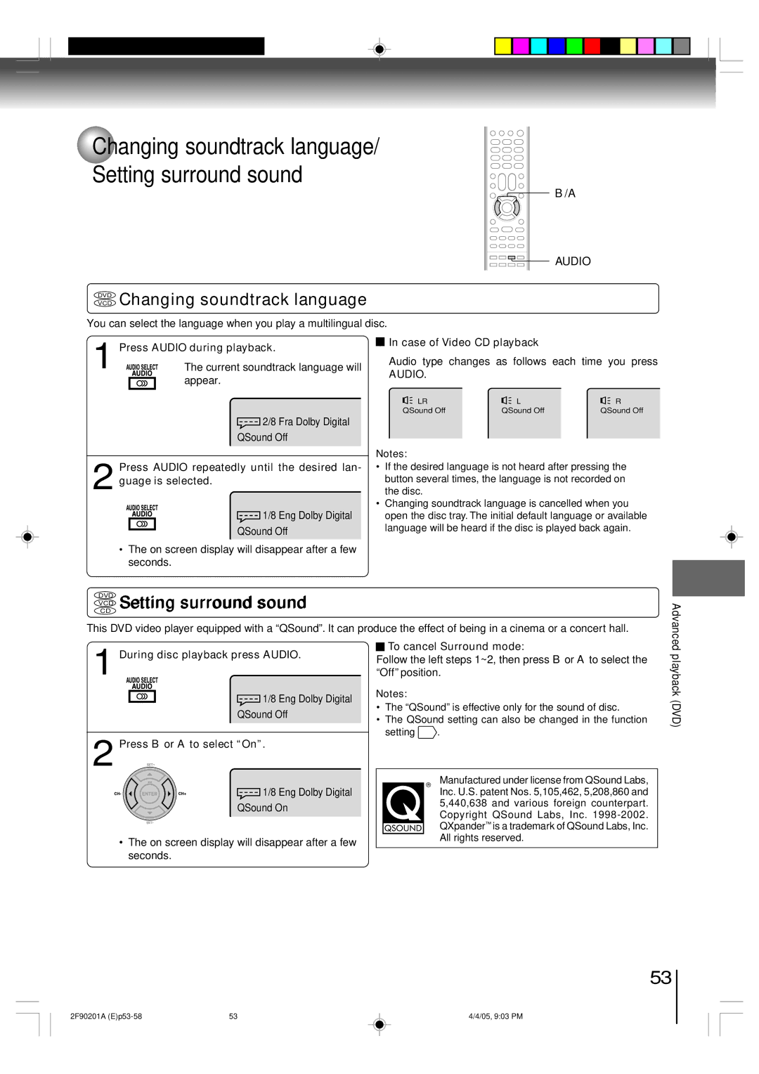 Toshiba SD-V593SU owner manual Changing soundtrack language Setting surround sound, DVD Changing soundtrack language, Audio 