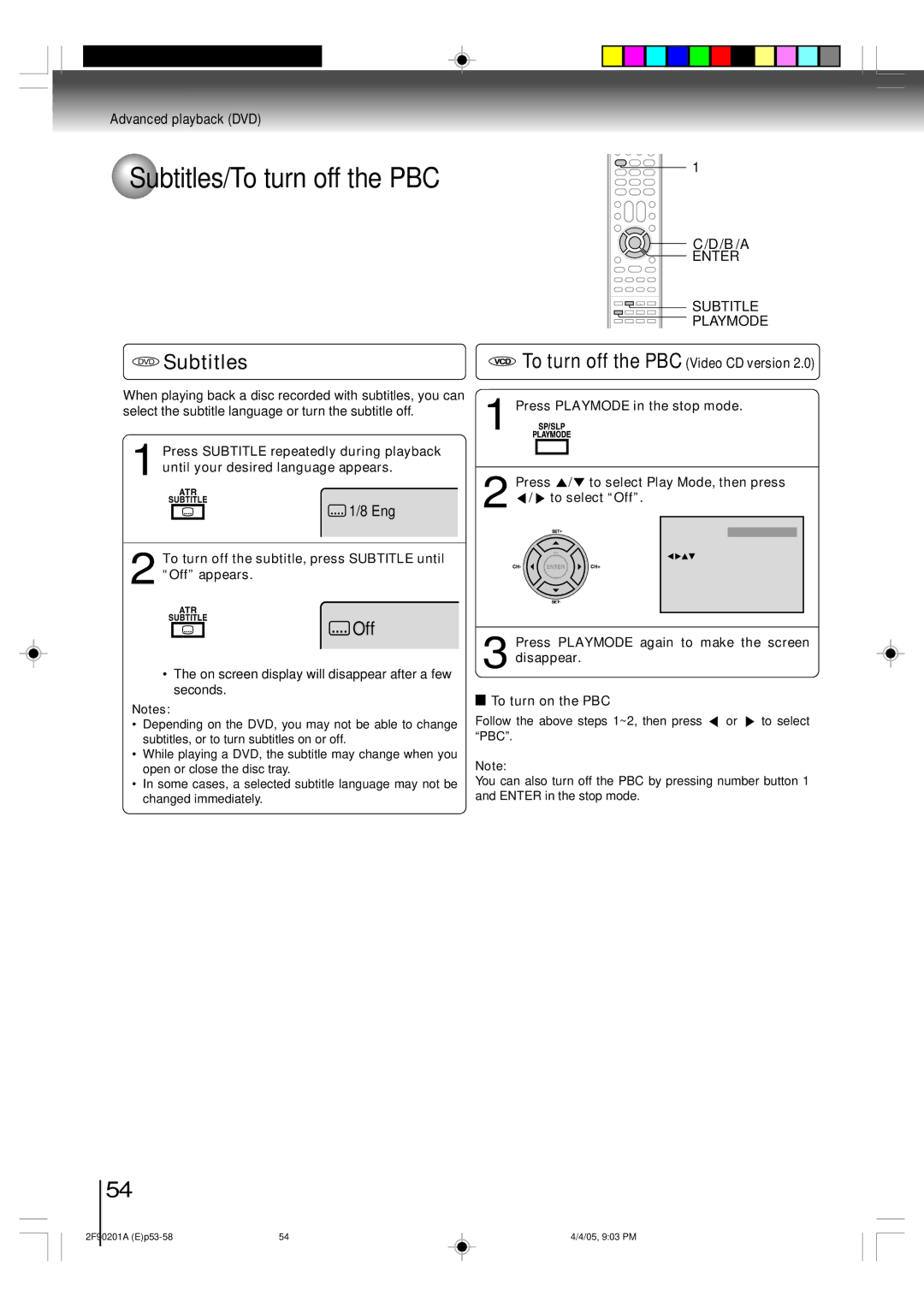 Toshiba SD-V593SU Subtitles/To turn off the PBC, DVD Subtitles, Subtitle Playmode, To turn off the PBC Video CD version 