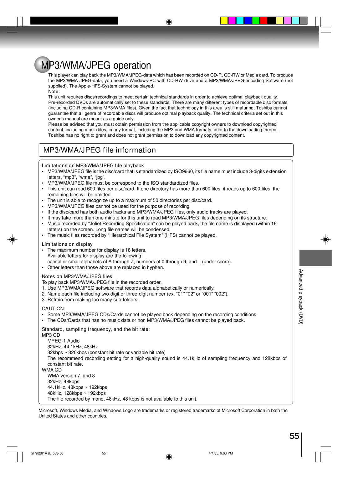 Toshiba SD-V593SU owner manual MP3/WMA/JPEG operation, MP3/WMA/JPEG file information 