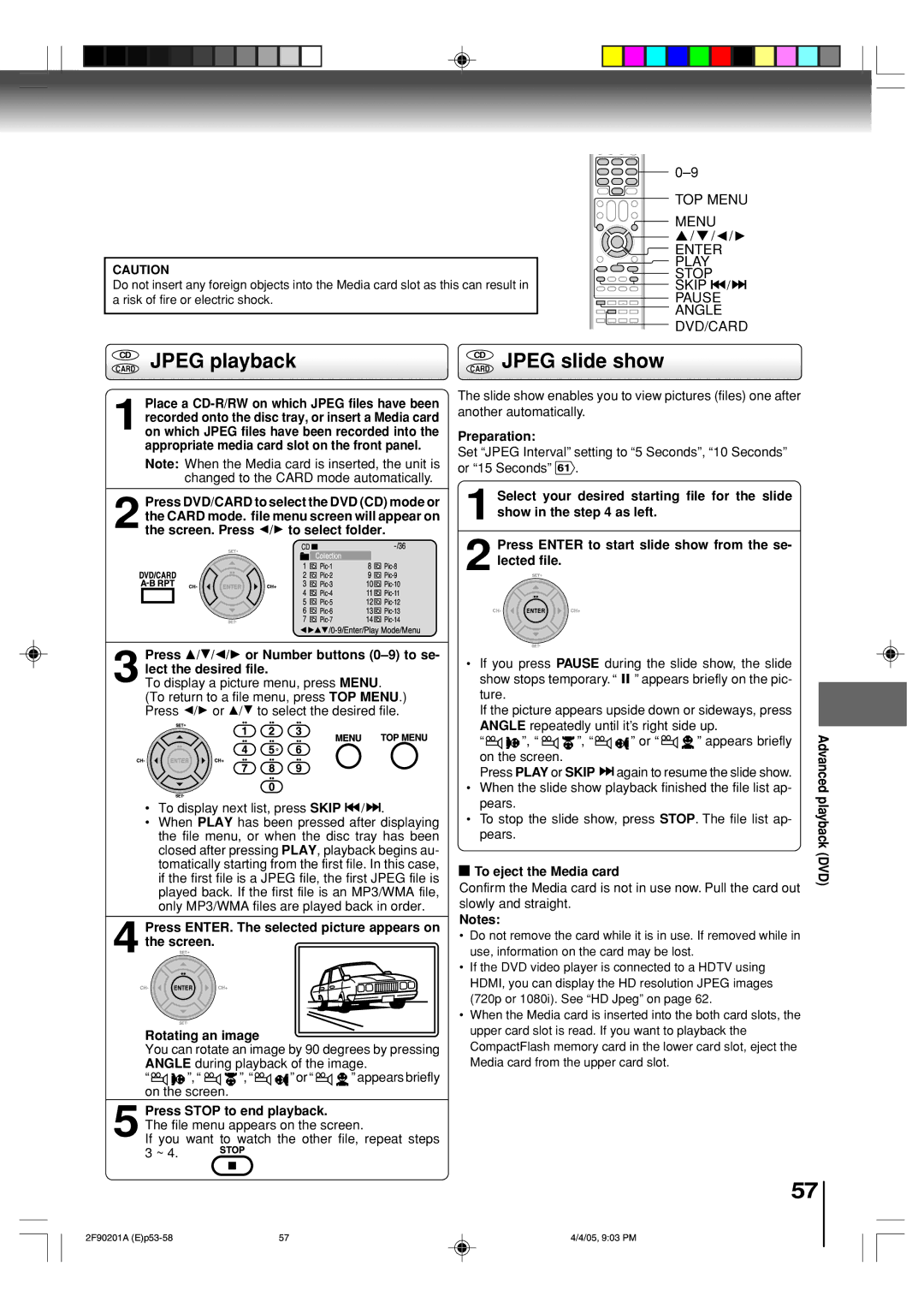 Toshiba SD-V593SU Card CD Jpeg playback Card CD Jpeg slide show, TOP Menu Enter Play Stop Skip Pause Angle DVD/CARD 