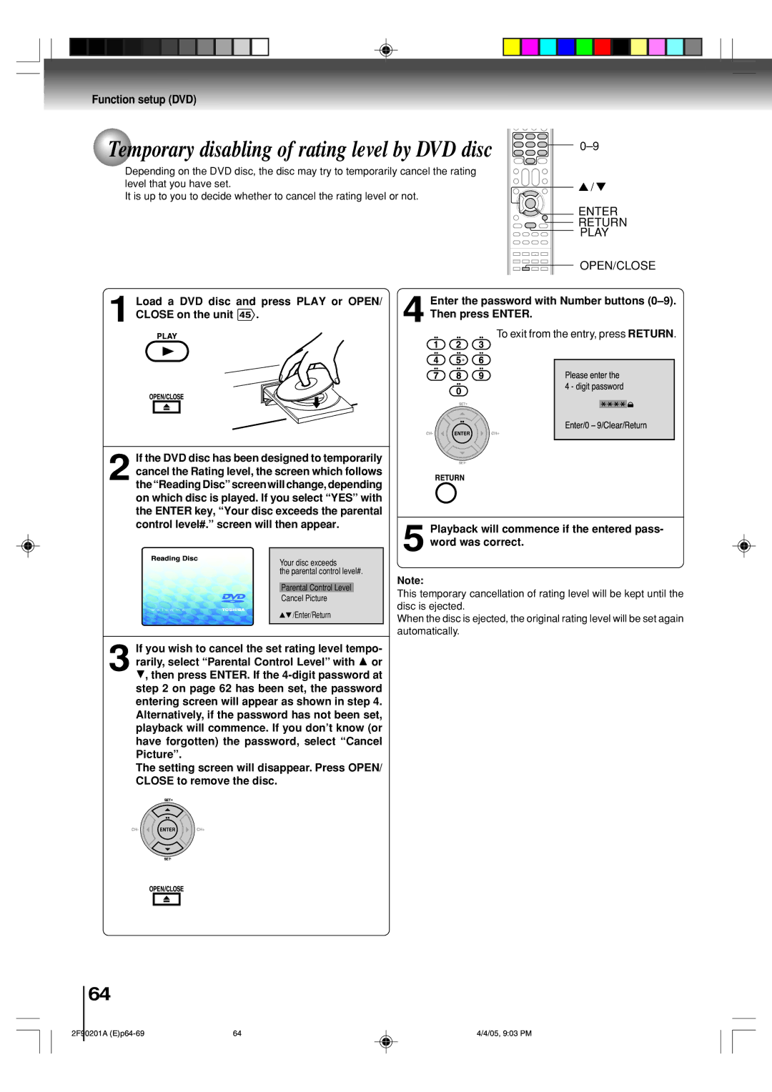 Toshiba SD-V593SU owner manual Temporary disabling of rating level by DVD disc, Enter Return Play OPEN/CLOSE 