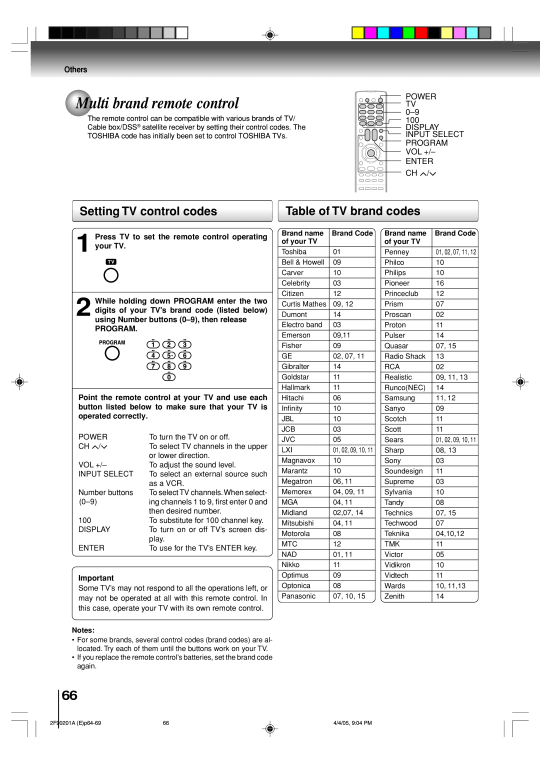 Toshiba SD-V593SU owner manual Multi brand remote control, Setting TV control codes Table of TV brand codes, Program 