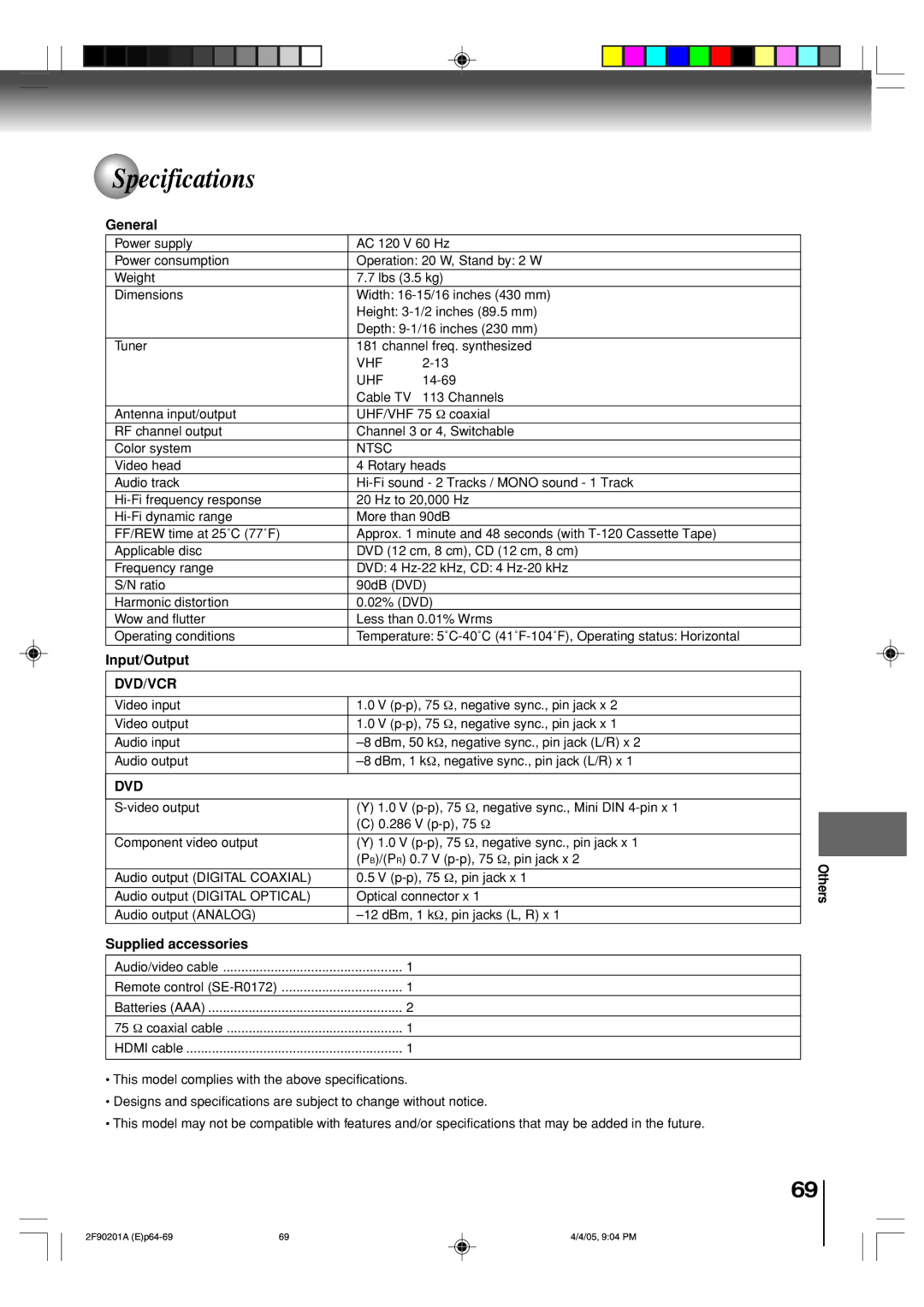 Toshiba SD-V593SU owner manual Specifications, General, Input/Output, Supplied accessories 