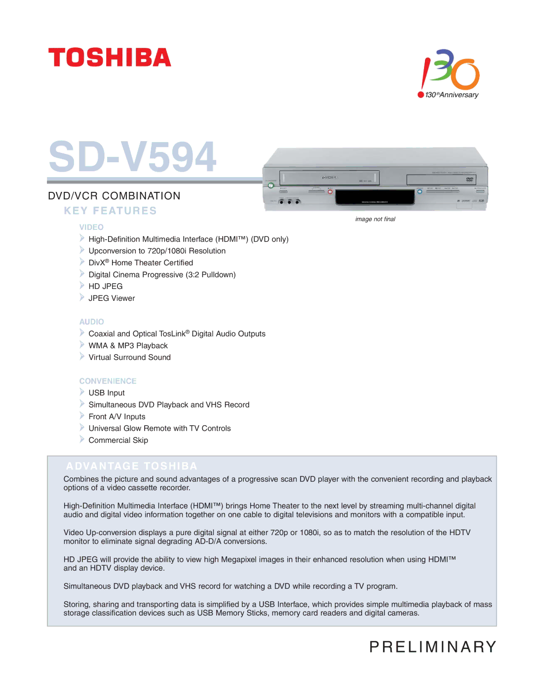 Toshiba SD-V594 manual KEY Features, Video, Audio, Convenience 