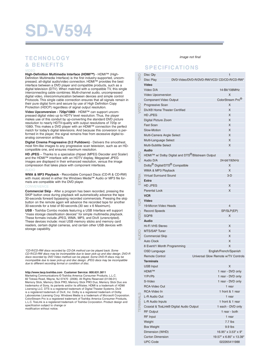 Toshiba SD-V594 manual Technology & Benefits, Dvd, Audio, Vcr 