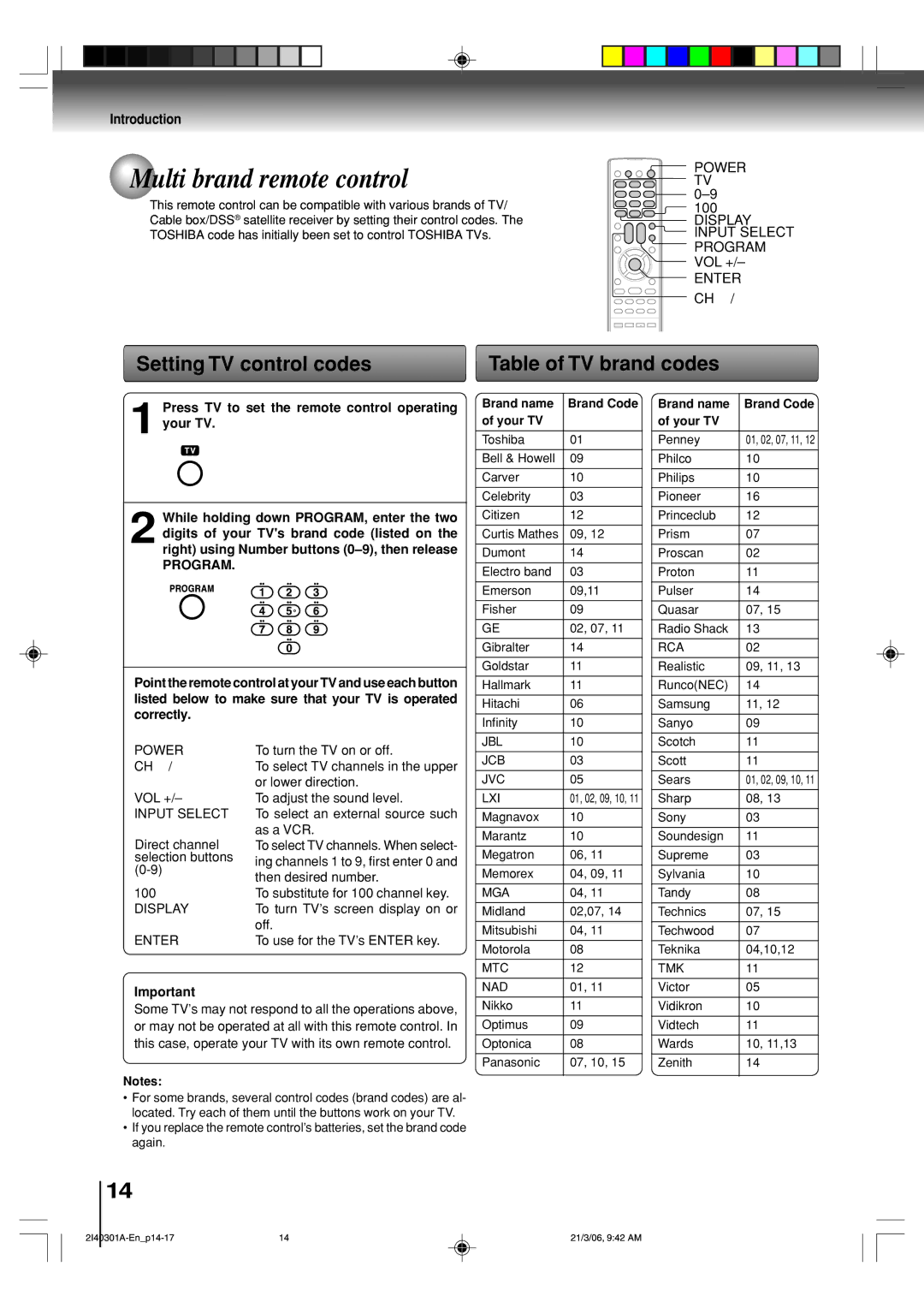 Toshiba SD-V594SC Multi brand remote control, Setting TV control codes Table of TV brand codes, Power TV, Program 