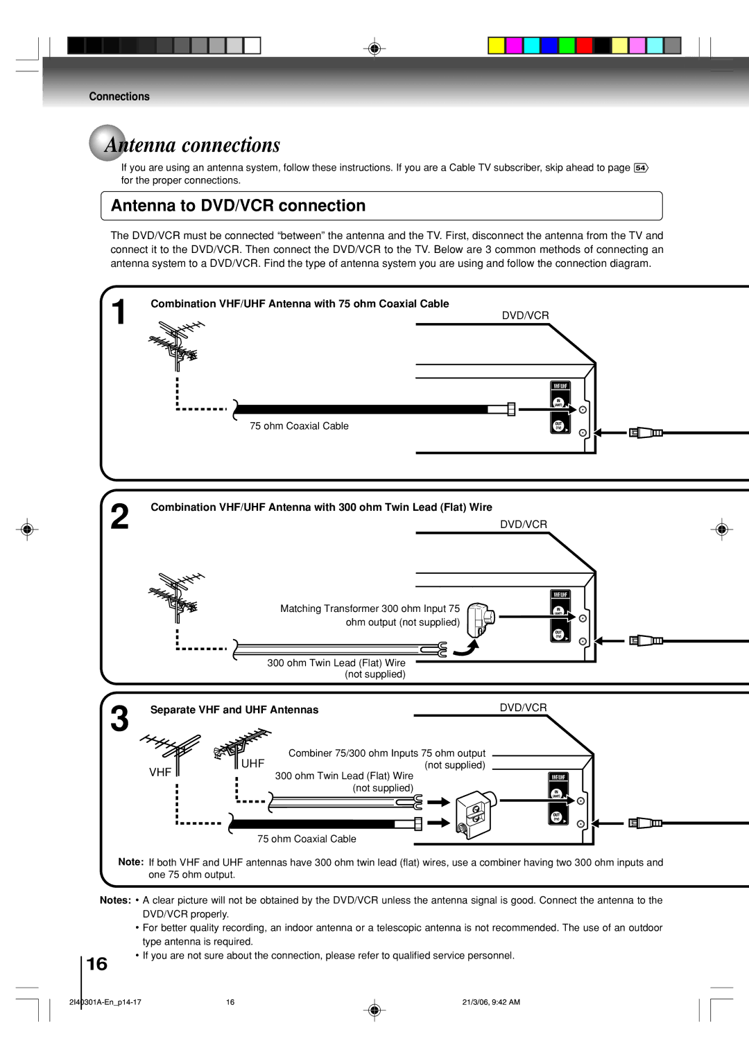 Toshiba SD-V594SC owner manual Antenna connections, Antenna to DVD/VCR connection, Connections, Uhf, Vhf 