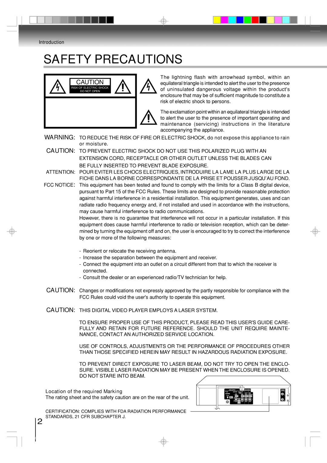 Toshiba SD-V594SC owner manual Introduction, Location of the required Marking 