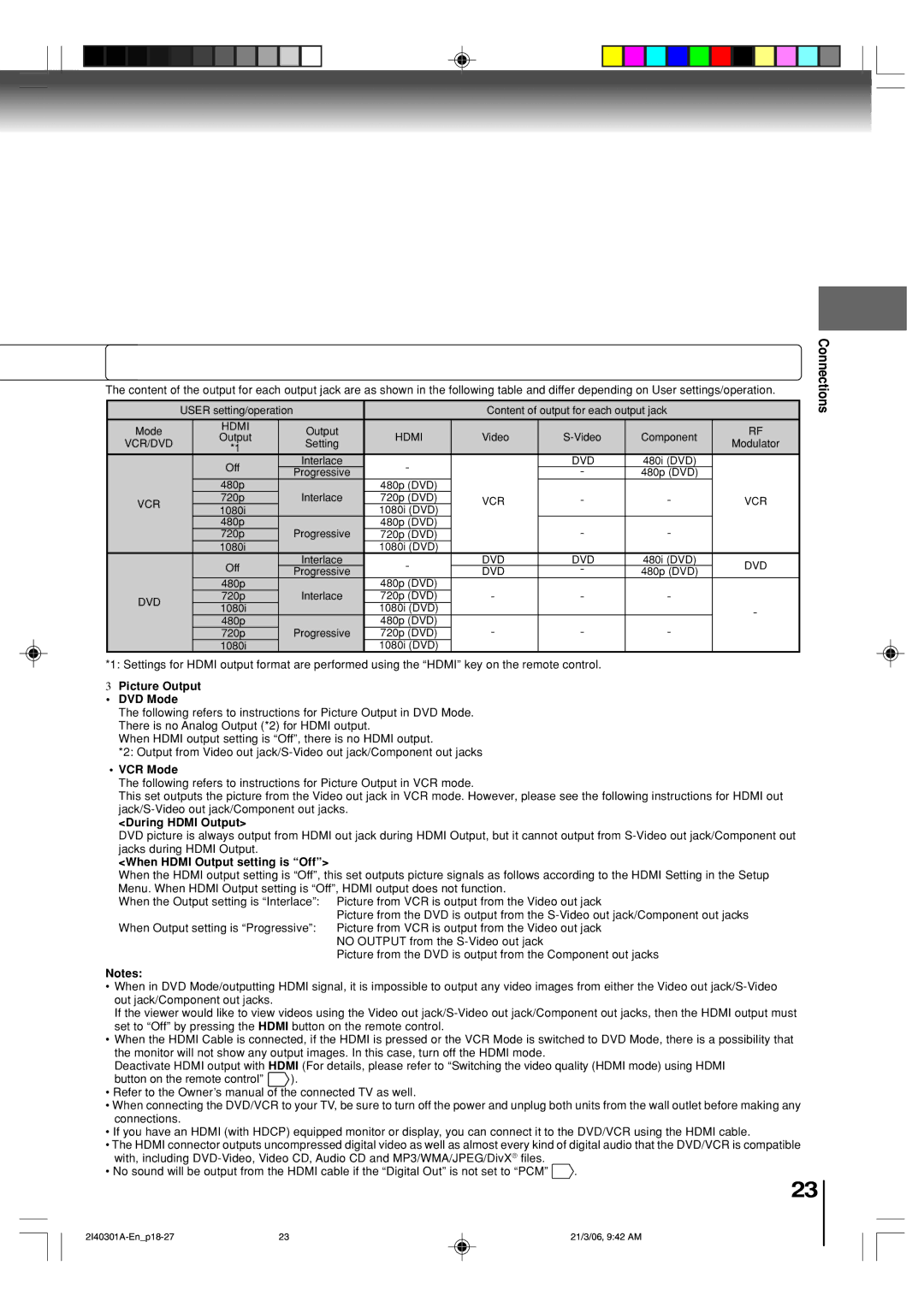 Toshiba SD-V594SC owner manual Picture Output ¥ DVD Mode, ¥ VCR Mode, During Hdmi Output, When Hdmi Output setting is ÒOffÓ 