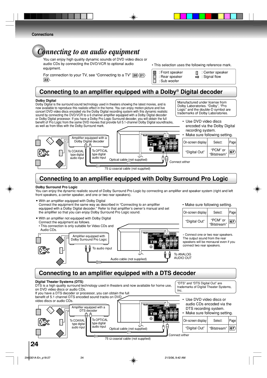 Toshiba SD-V594SC Connecting to an audio equipment, Connecting to an amplifier equipped with a DTS decoder, Dolby Digital 