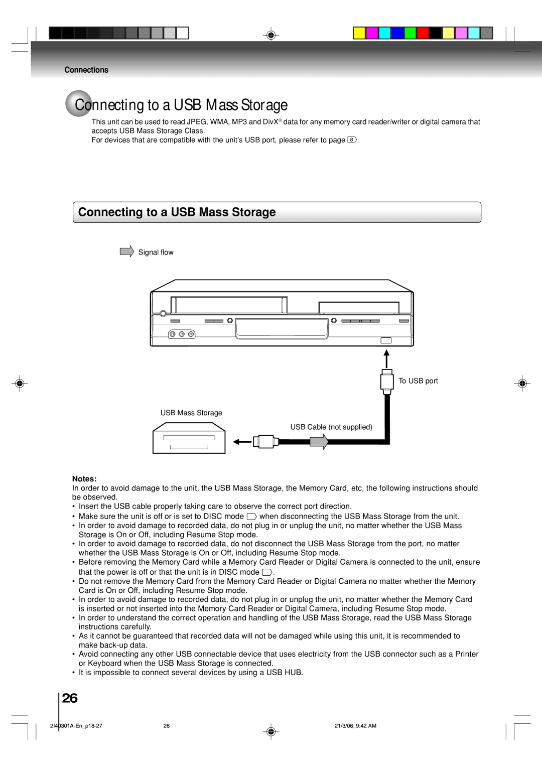 Toshiba SD-V594SC owner manual Connecting to a USB Mass Storage 