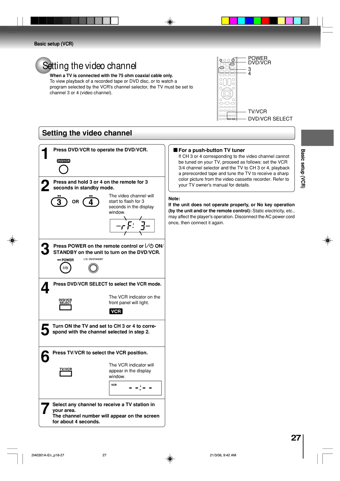 Toshiba SD-V594SC owner manual Setting the video channel, Basic setup VCR, Power DVD/VCR TV/VCR DVD/VCR Select 