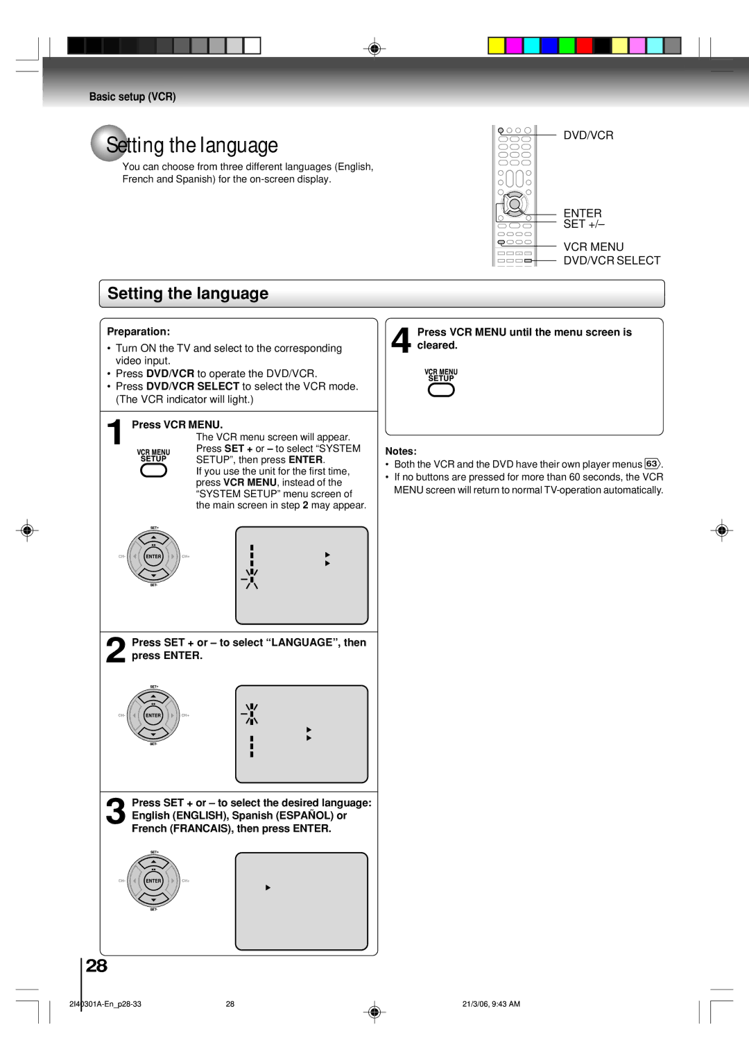 Toshiba SD-V594SC owner manual Setting the language, Dvd/Vcr, Enter SET +/Ð VCR Menu DVD/VCR Select 