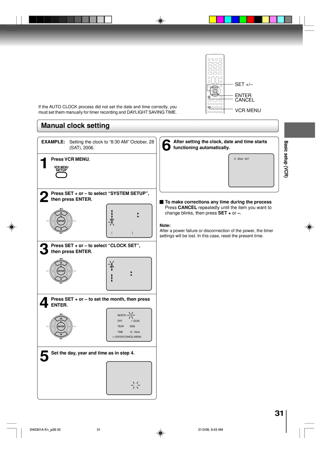 Toshiba SD-V594SC owner manual Manual clock setting, SET +/Ð Enter Cancel, Press SET + or Ð to set the month, then press 