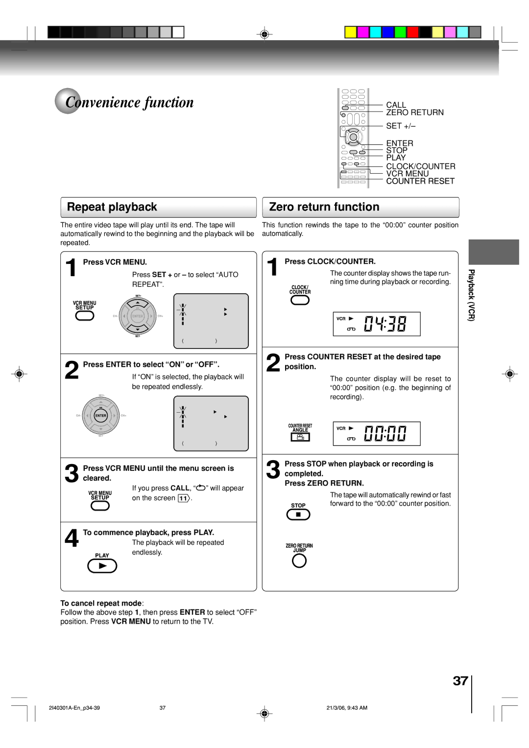 Toshiba SD-V594SC owner manual Convenience function, Repeat playback Zero return function 