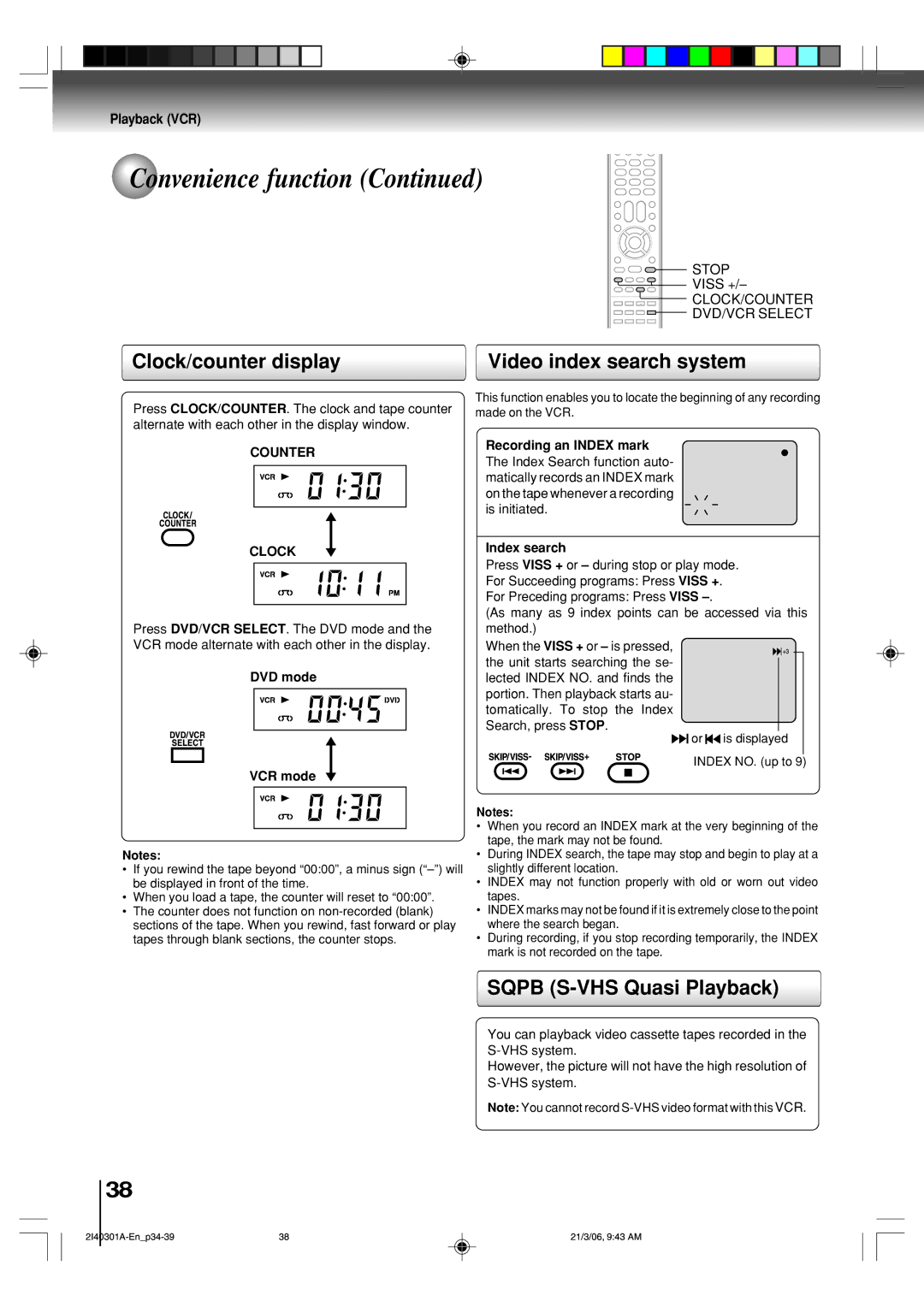 Toshiba SD-V594SC owner manual Clock/counter display Video index search system, Sqpb S-VHS Quasi Playback, Counter 