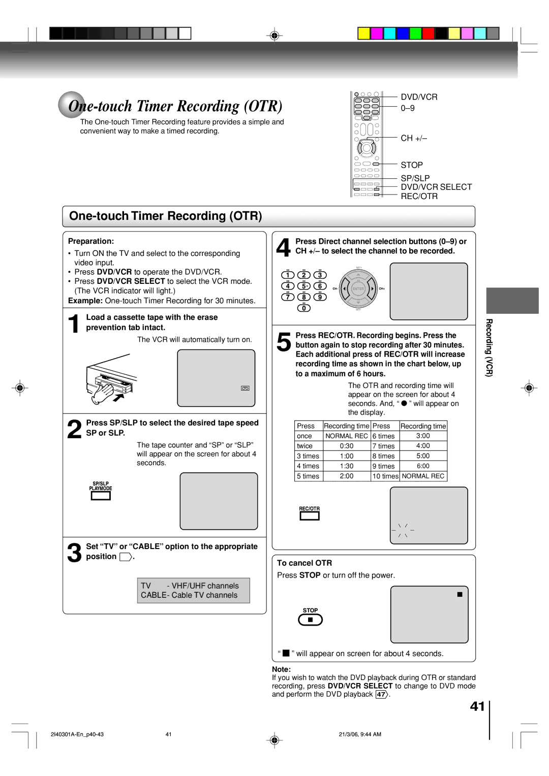 Toshiba SD-V594SC owner manual One-touch Timer Recording OTR, Stop SP/SLP DVD/VCR Select REC/OTR 