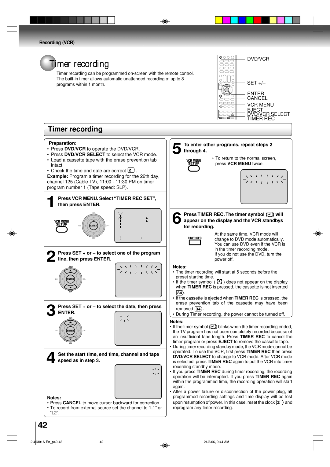 Toshiba SD-V594SC owner manual Timer recording, Press VCR MENU. Select Òtimer REC Setó Then press Enter 