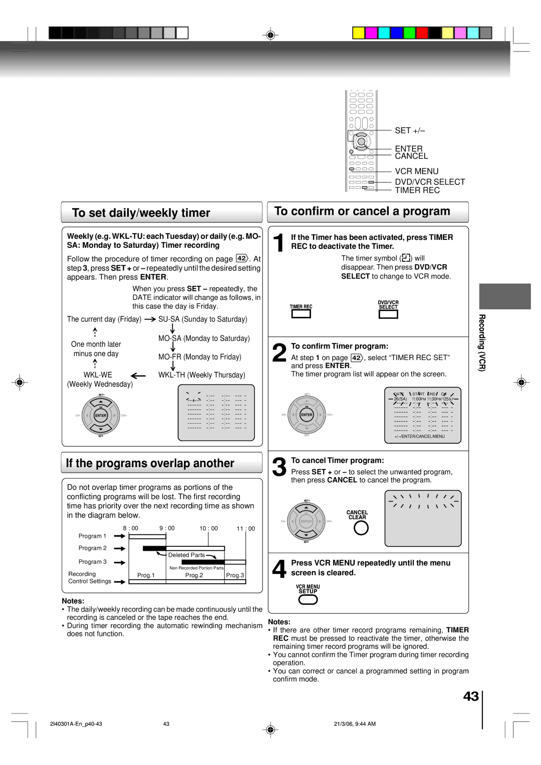 Toshiba SD-V594SC owner manual Setting procedure To set daily/weekly timer, To confirm or cancel a program 