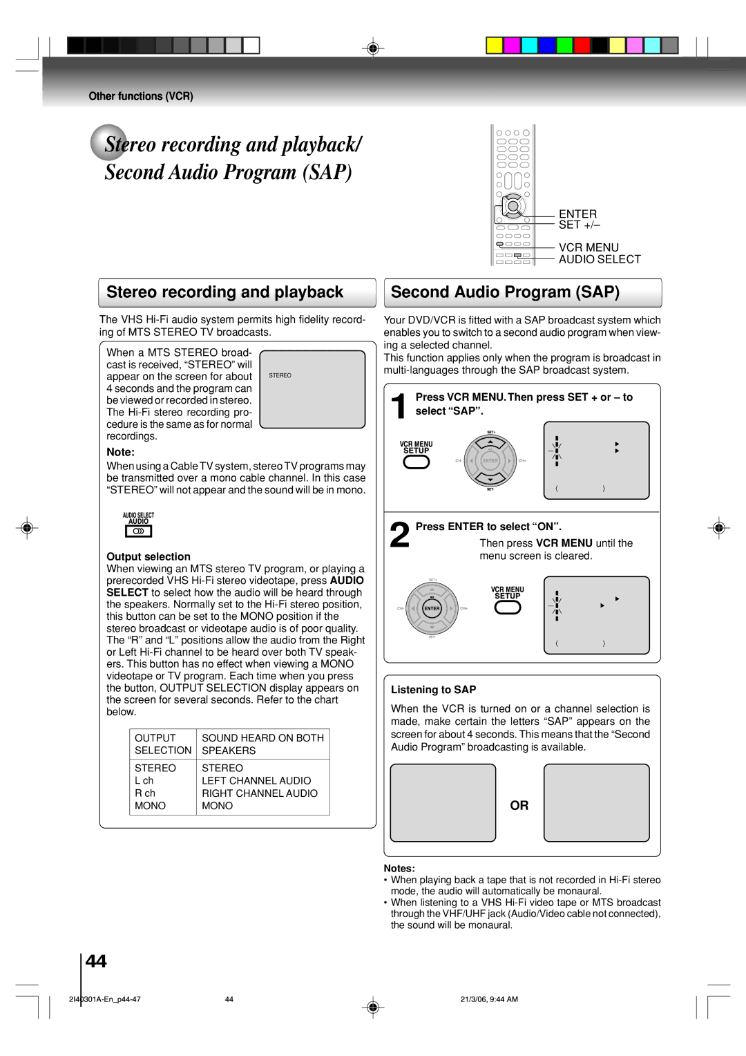 Toshiba SD-V594SC owner manual Stereo recording and playback Second Audio Program SAP, Other functions VCR 