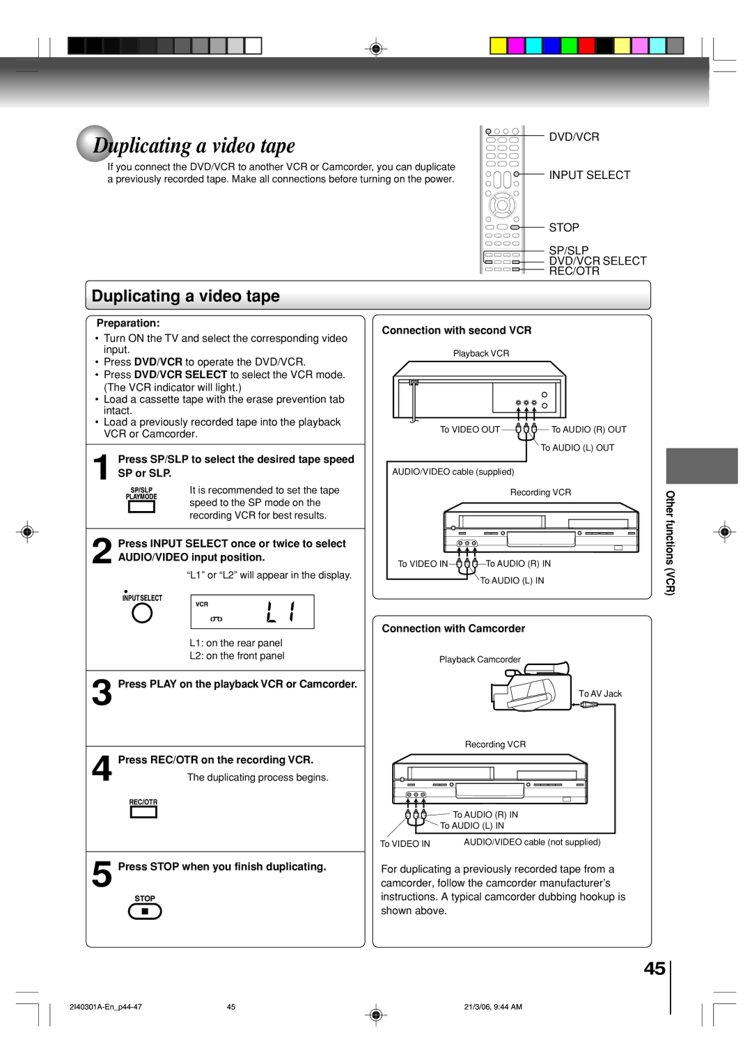 Toshiba SD-V594SC owner manual Duplicating a video tape, DVD/VCR Input Select Stop SP/SLP 