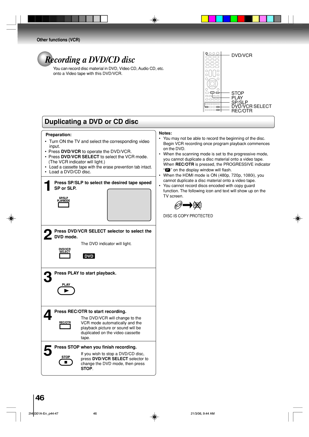 Toshiba SD-V594SC Recording a DVD/CD disc, Duplicating a DVD or CD disc, Stop Play SP/SLP DVD/VCR Select REC/OTR 