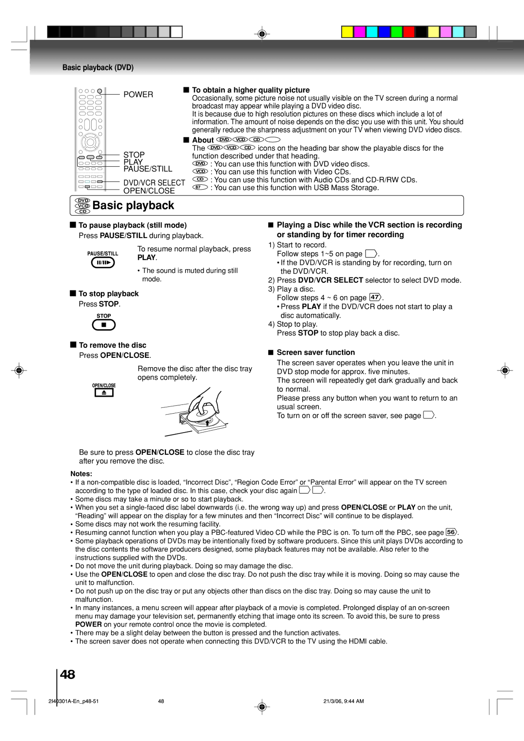 Toshiba SD-V594SC owner manual Basic playback, Open/Close, Playing a Disc while the VCR section is recording 