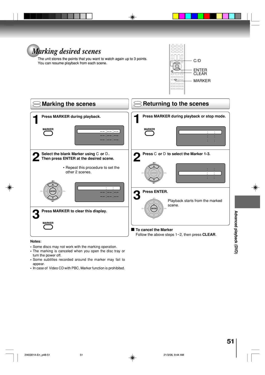 Toshiba SD-V594SC owner manual Marking desired scenes, Enter Clear Marker 