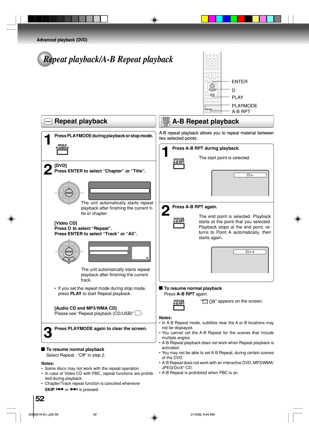 Toshiba SD-V594SC owner manual Repeat playback/A-B Repeat playback, Vcddvd Repeat playback, VCD A-B Repeat playback 