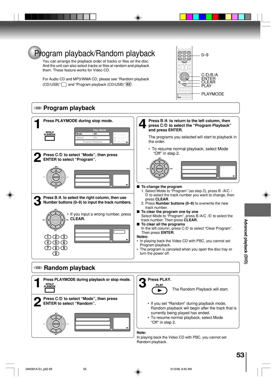 Toshiba SD-V594SC Program playback/Random playback, VCD Program playback, VCD Random playback, Enter Clear Play Playmode 