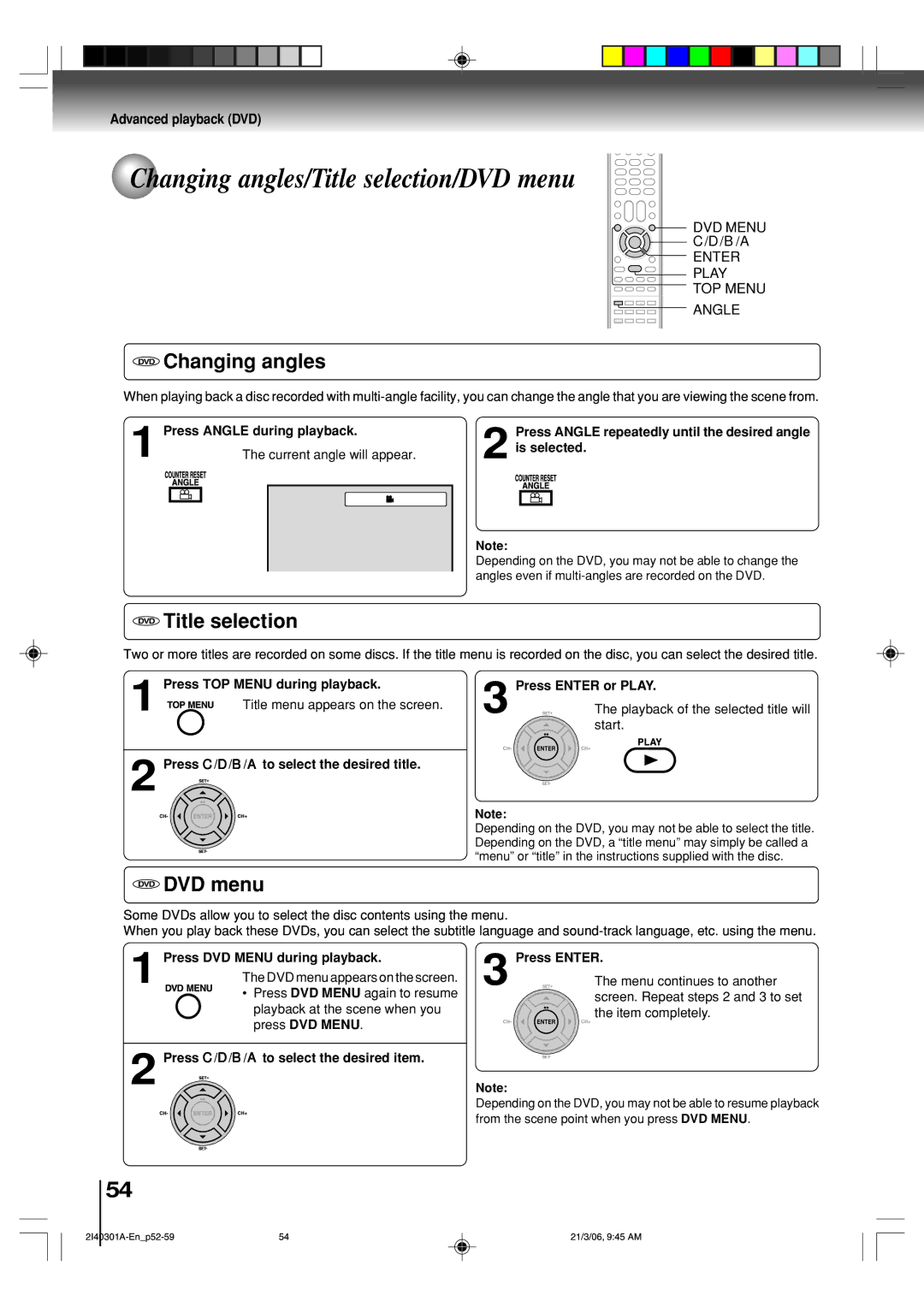 Toshiba SD-V594SC Changing angles/Title selection/DVD menu, DVD Changing angles, DVD Title selection, DVD DVD menu 