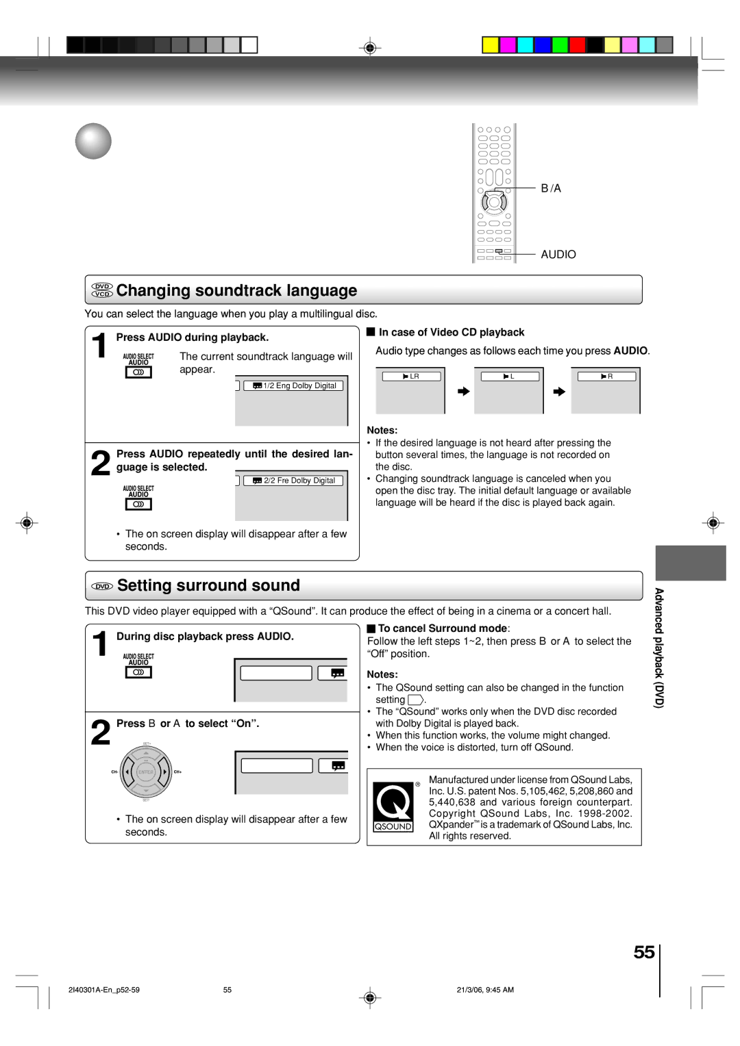 Toshiba SD-V594SC owner manual Changing soundtrack language Setting surround sound, DVD Changing soundtrack language, Audio 