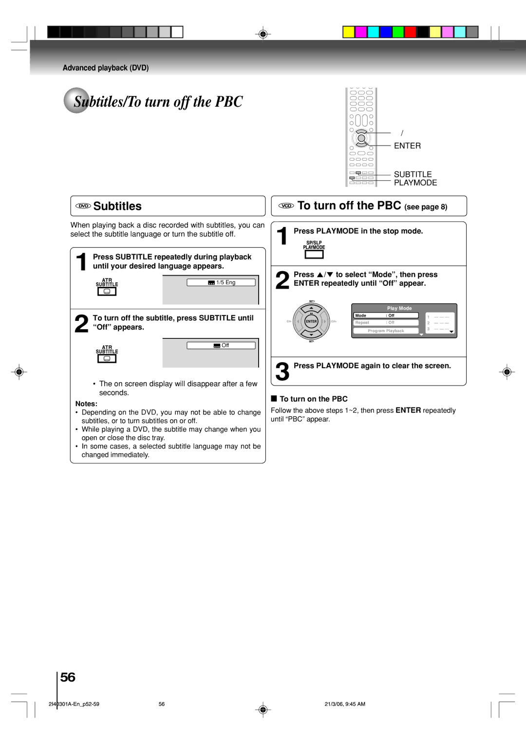 Toshiba SD-V594SC Subtitles/To turn off the PBC, DVD Subtitles, To turn off the PBC see, Enter Subtitle Playmode 