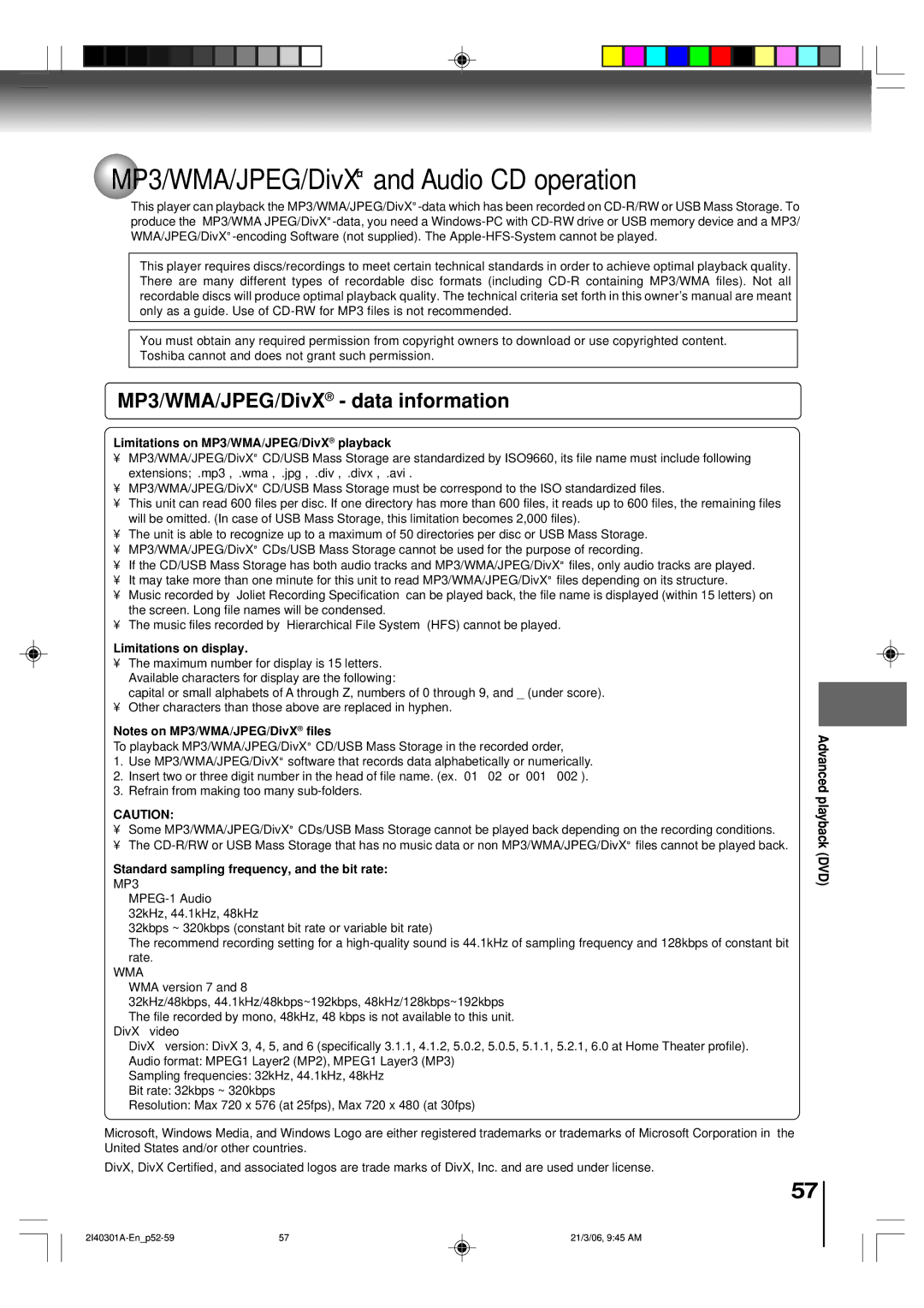 Toshiba SD-V594SC MP3/WMA/JPEG/DivX and Audio CD operation, MP3/WMA/JPEG/DivX¨ data information, Limitations on display 