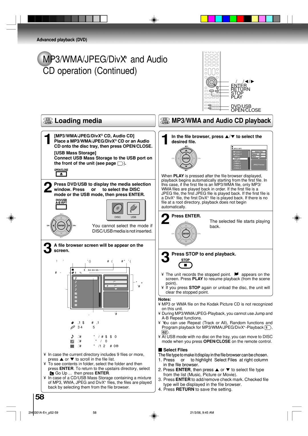 Toshiba SD-V594SC owner manual Loading media, MP3/WMA and Audio CD playback, Enter Return Stop Play DVD/USB OPEN/CLOSE 